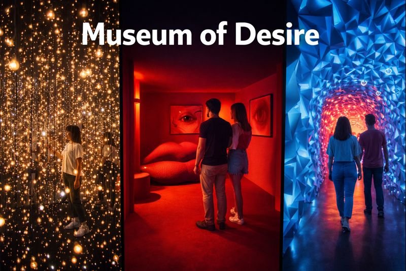 Visitors exploring immersive art installations inside the Museum of Desire, featuring glowing light rooms, bold red interiors, and a futuristic blue corridor in a cinematic 16:9 travel scene