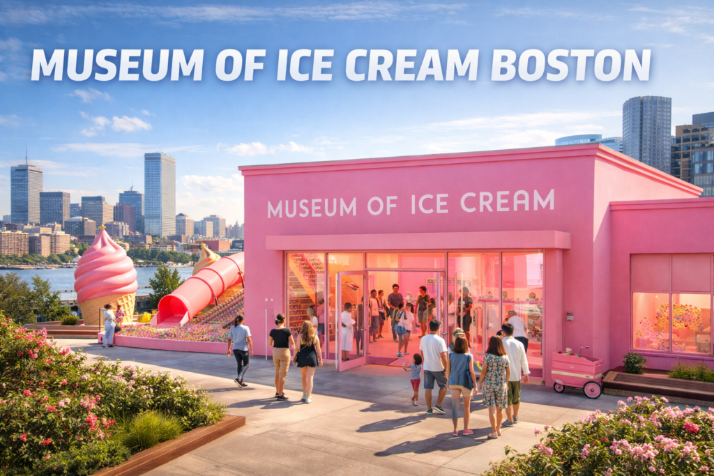 Museum of Ice Cream Boston exterior in the Seaport District with vibrant pink building interactive installations and visitors enjoying the immersive experience in bright daylight