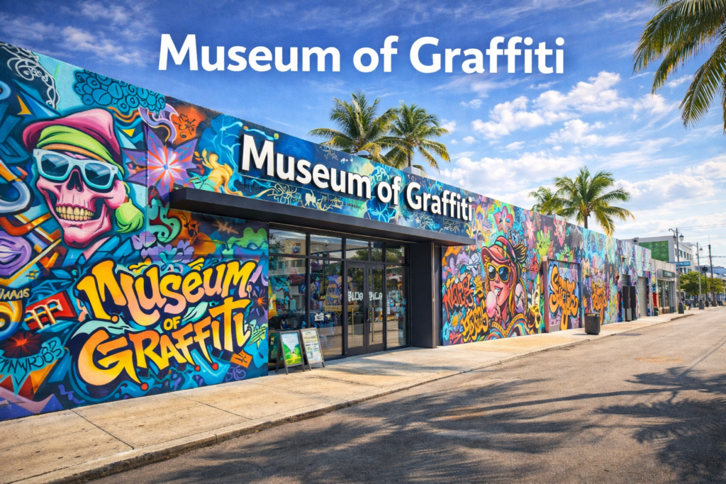 Museum of Graffiti Miami exterior in Wynwood Arts District with colorful street murals, urban architecture, pedestrians, and bright daylight in a cinematic wide angle view