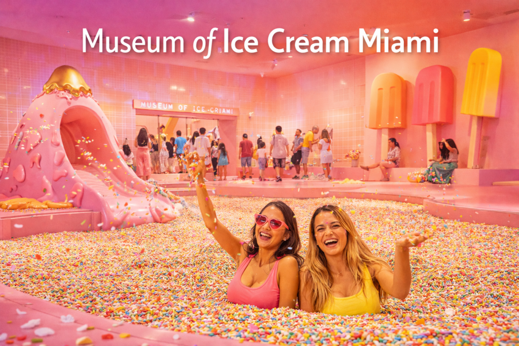 Museum of Ice Cream Miami featuring the iconic sprinkle pool interactive installations pastel interiors and joyful visitors in a colorful immersive environment