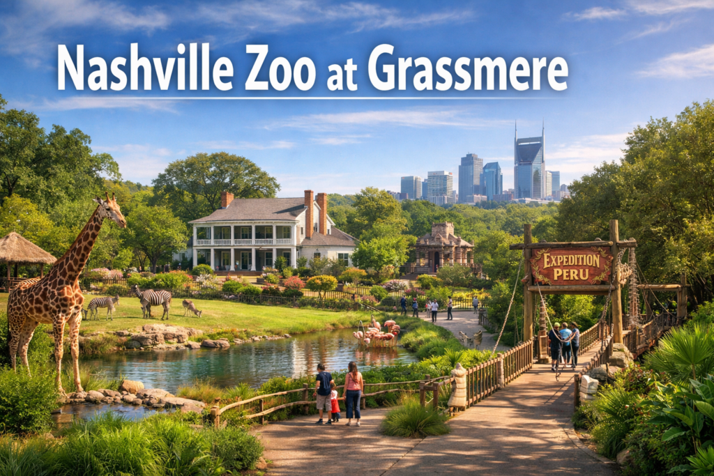 Nashville Zoo at Grassmere featuring giraffes, zebras, historic Grassmere Mansion, scenic walkways, and Expedition Peru entrance under bright daylight