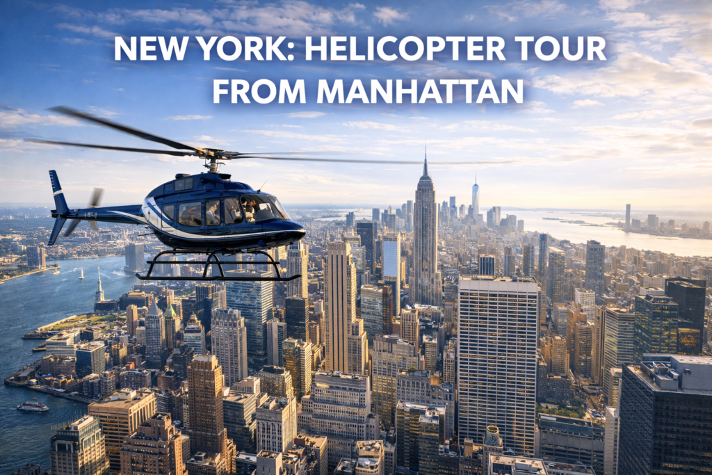 Helicopter flying over Manhattan skyline with Empire State Building and Hudson River during a New York City helicopter tour in bright daylight.
