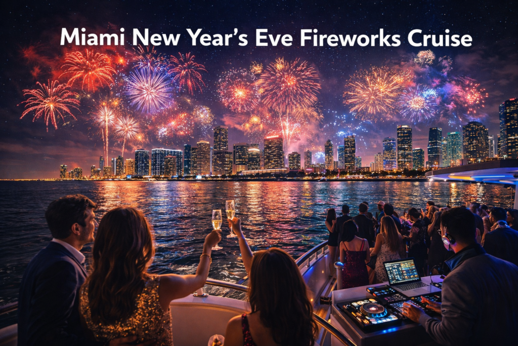 Miami New Year’s Eve fireworks cruise with luxury yacht, champagne toast, live DJ, and colorful fireworks over the Miami skyline reflected on Biscayne Bay at night