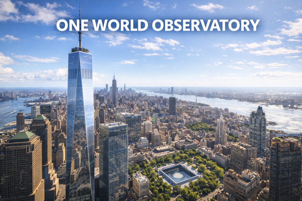 One World Observatory atop One World Trade Center with panoramic views of the New York City skyline, Hudson River, and 9/11 Memorial in bright daylight.