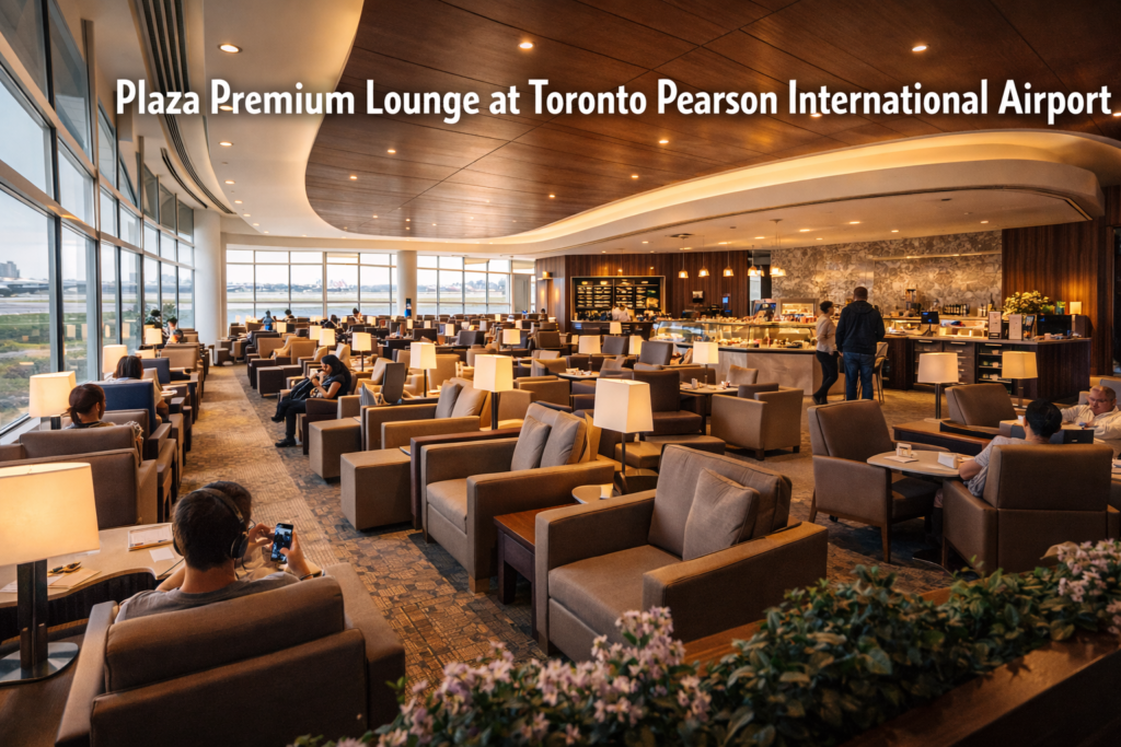 Plaza Premium Lounge at Toronto Pearson International Airport featuring modern seating, runway views, elegant interiors, and a relaxing premium airport lounge atmosphere under bright daylight