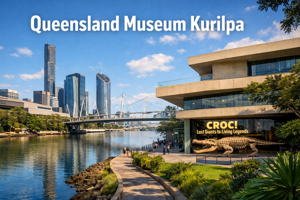 Queensland Museum Kurilpa Croc Lost Giants to Living Legends exhibition exterior with Brisbane skyline and South Bank riverwalk in daylight