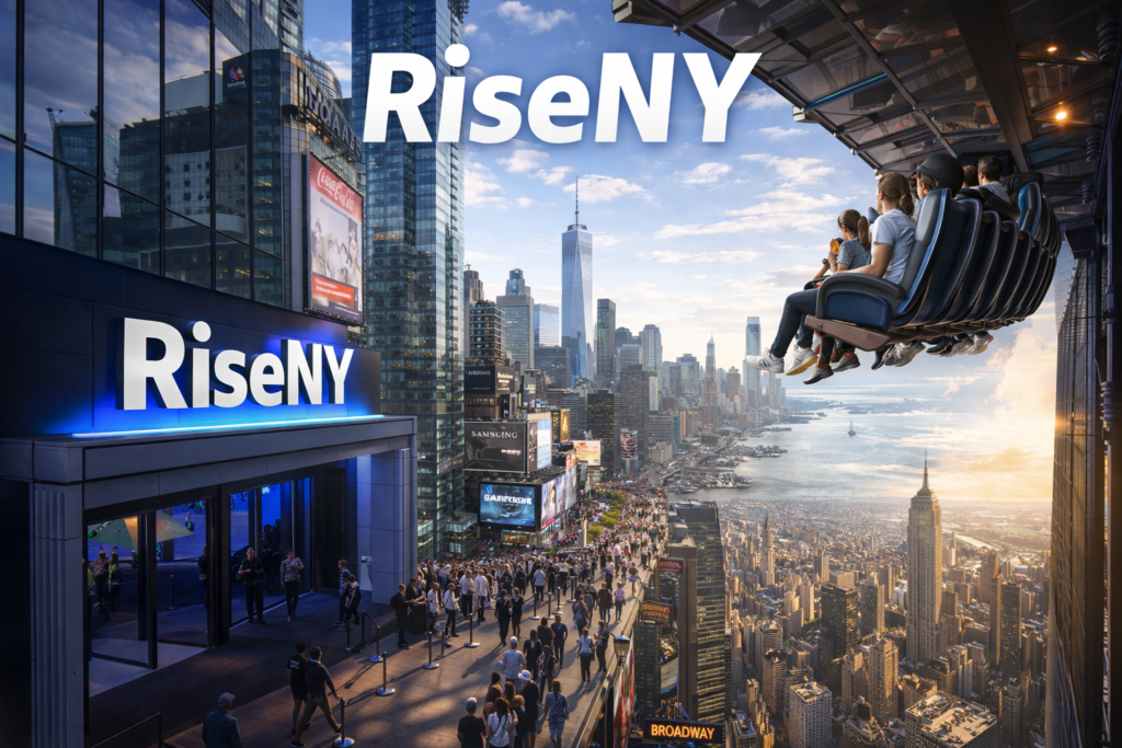 RiseNY flying theater experience in Times Square with visitors soaring above the New York City skyline and iconic skyscrapers in bright daylight.