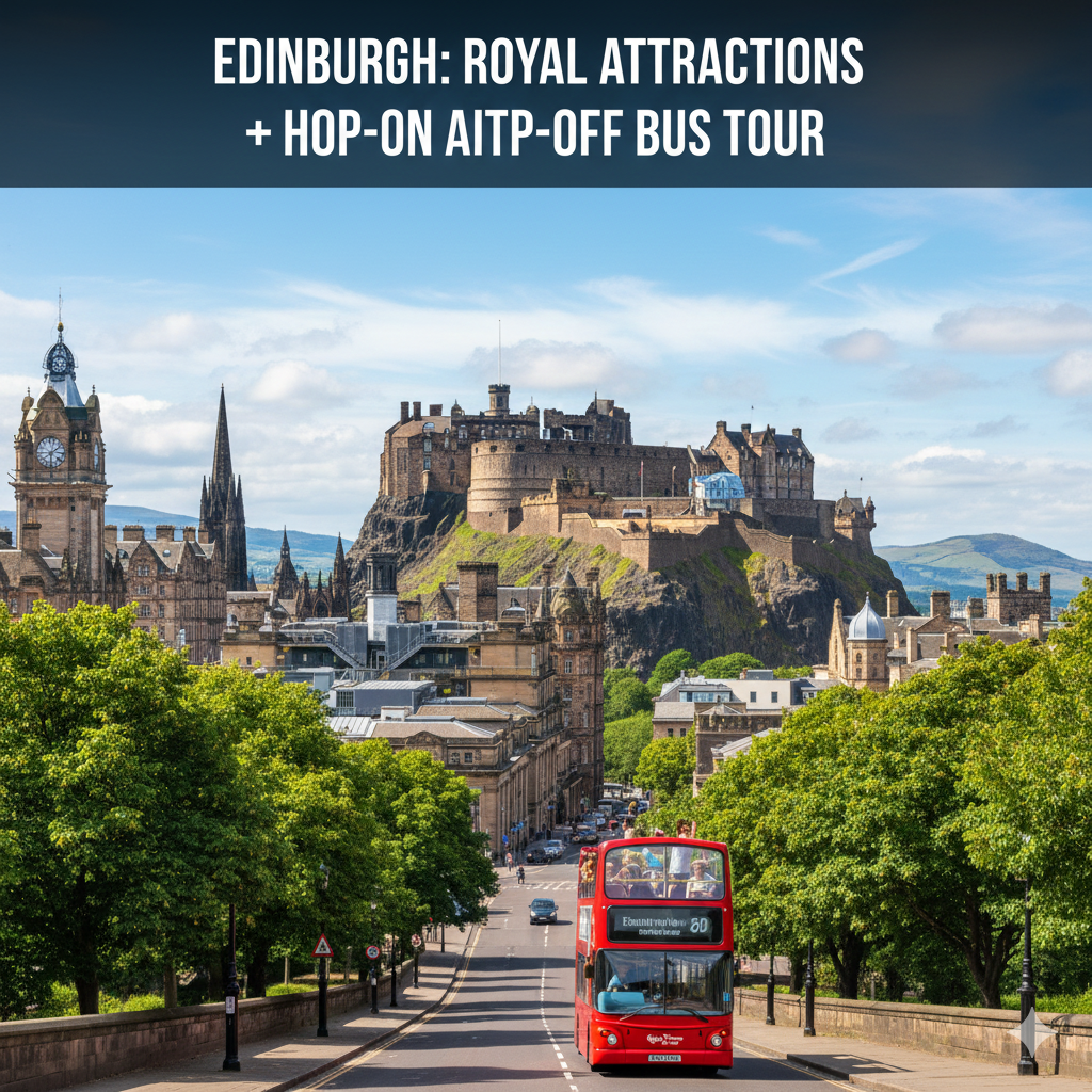 A cinematic wide-angle view of a red hop-on hop-off sightseeing bus traveling through Edinburgh's Princes Street, with the iconic Edinburgh Castle and Gothic architecture in the background under a clear sky.