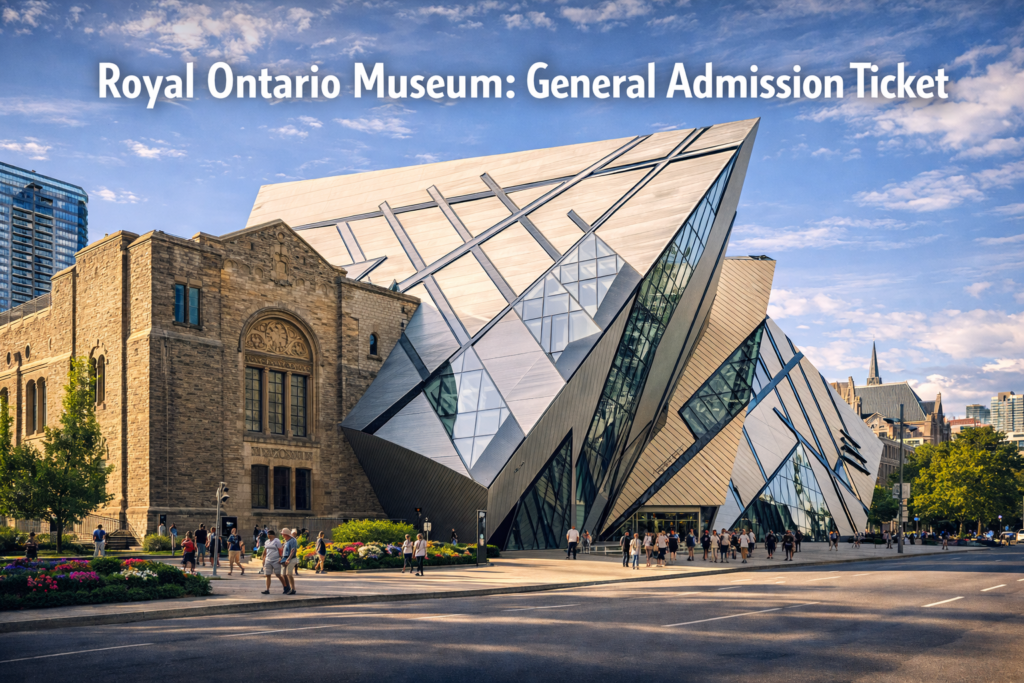 Royal Ontario Museum in Toronto featuring the iconic Michael Lee Chin Crystal, historic museum building, city streets, greenery, and visitors enjoying the landmark under bright daylight