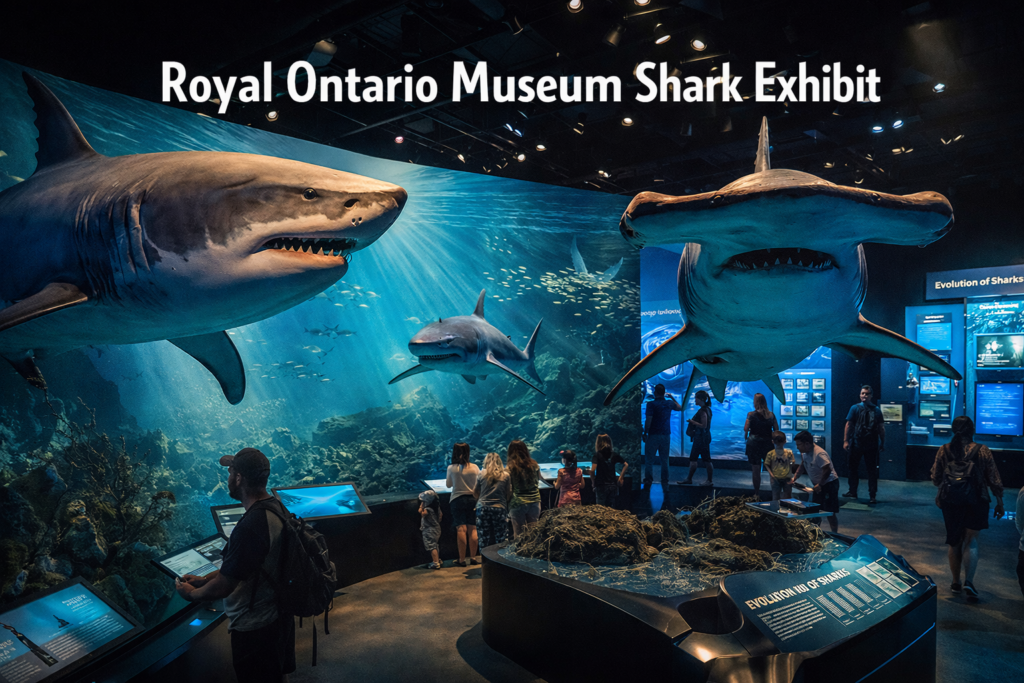 Royal Ontario Museum Sharks exhibit in Toronto featuring life size shark models, immersive underwater displays, interactive galleries, and visitors exploring the exhibition under dramatic blue lighting