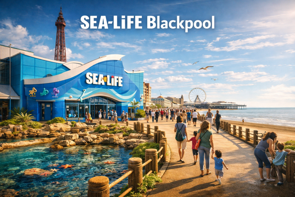 SEA LIFE Blackpool aquarium on the seafront featuring an underwater ocean tunnel sharks rays tropical fish and modern glass architecture captured in bright daylight with a cinematic coastal backdrop