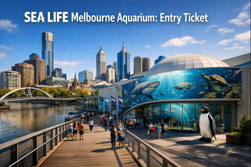 SEA LIFE Melbourne Aquarium entrance along the Yarra River with modern city skyline, visitors walking on riverside boardwalk, and marine life themed exterior in bright daylight.