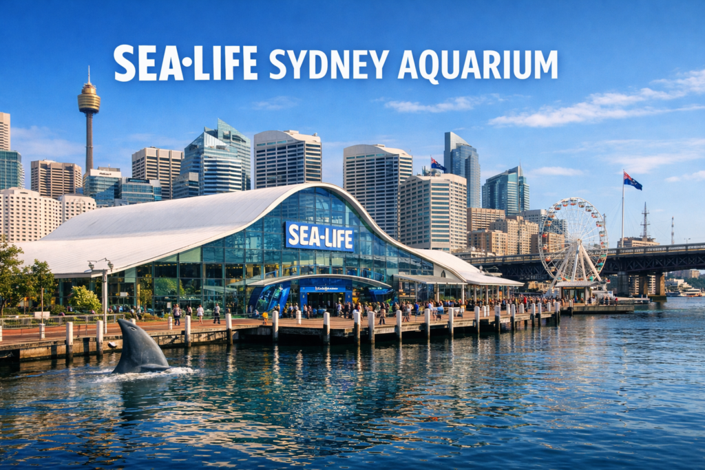 SEA LIFE Sydney Aquarium at Darling Harbour with modern wave shaped architecture reflected in the water and Sydney skyline in bright daylight