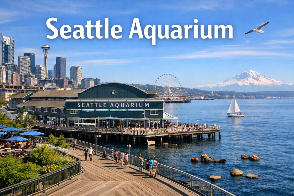 Seattle Aquarium on Seattle waterfront with Elliott Bay skyline Space Needle Mount Rainier and sunny boardwalk in bright daylight