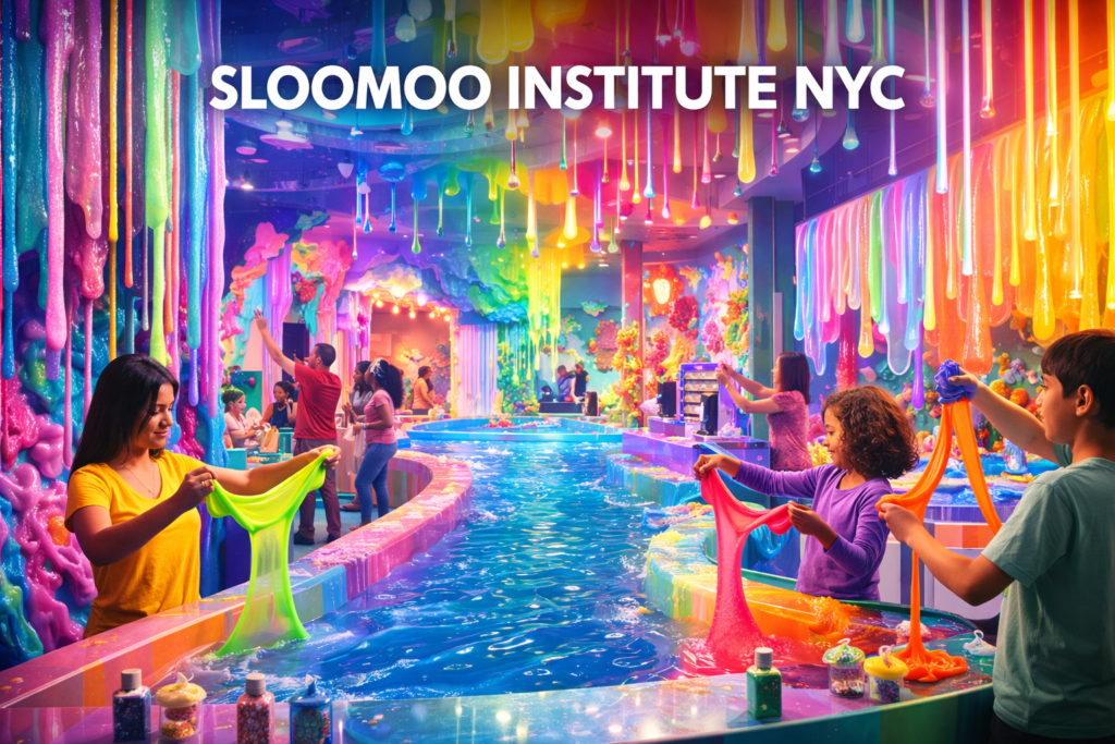 Sloomoo Institute NYC immersive slime experience with colorful dripping installations interactive slime stations and visitors enjoying hands on sensory play