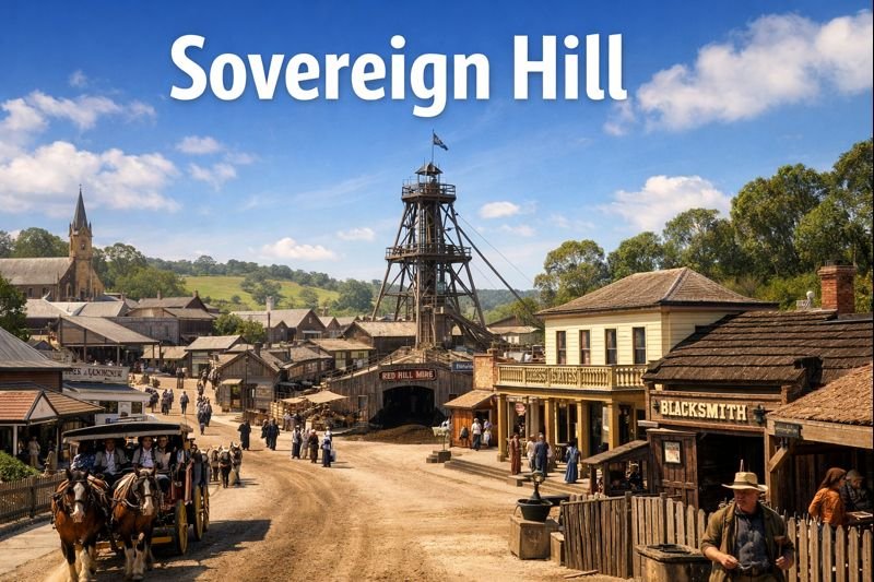 Sovereign Hill open air museum in Ballarat Australia showing historic gold rush street with horse drawn carriage, miners, wooden buildings, and Red Hill Mine under bright daylight
