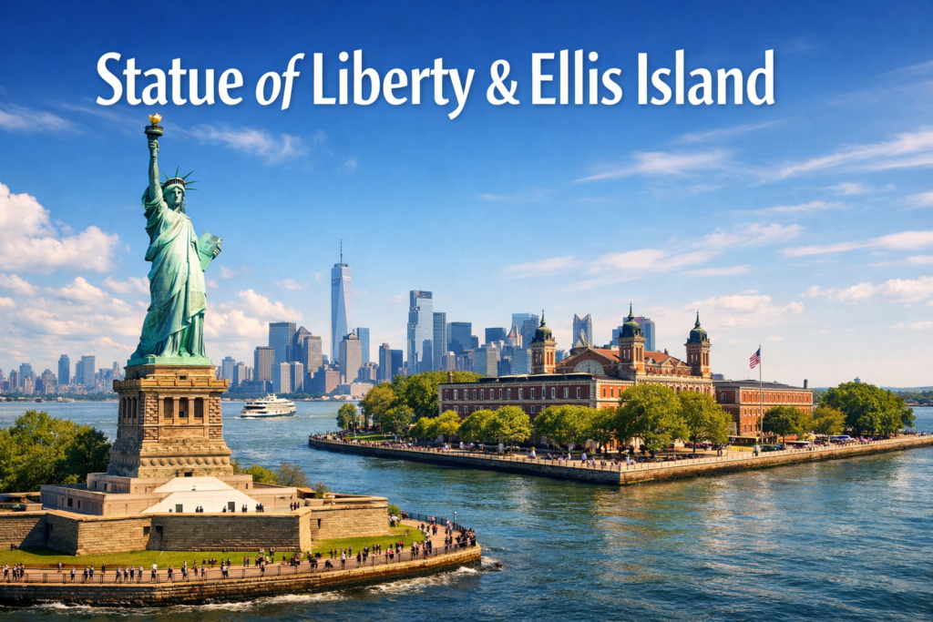 A wide cinematic daytime view of the Statue of Liberty and Ellis Island with the Manhattan skyline in the background, captured in bright natural light.