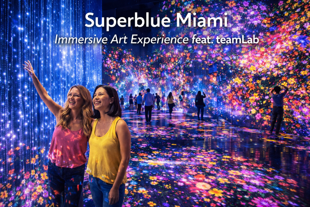 Superblue Miami immersive art experience featuring teamLab digital installations with colorful light projections interactive mirror rooms and visitors surrounded by vibrant visuals