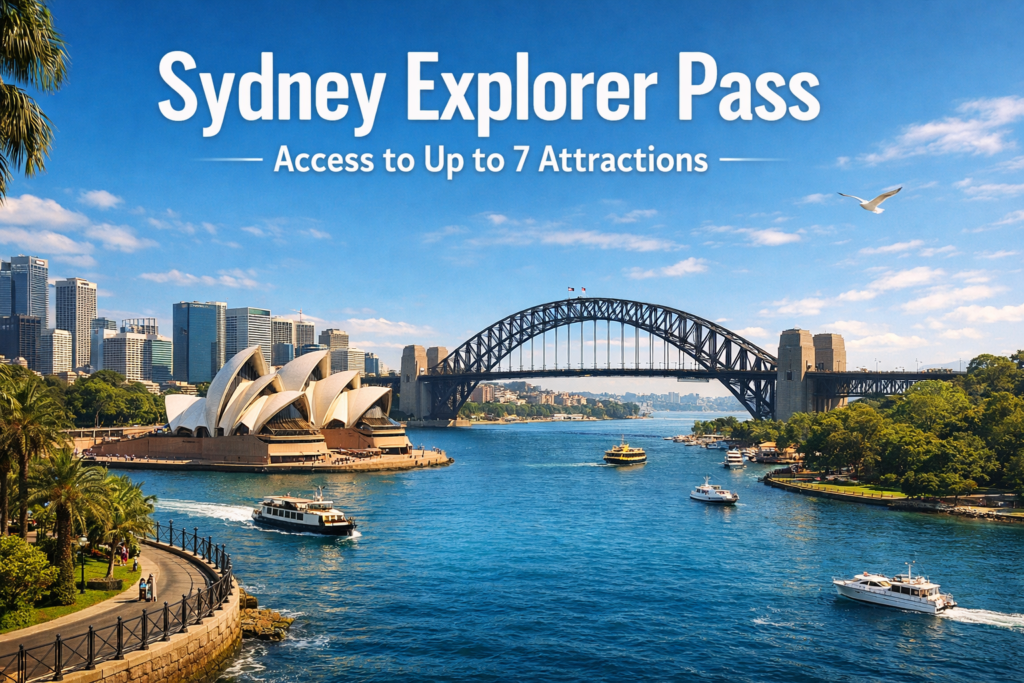 Sydney Explorer Pass showcasing Sydney Harbour with the Opera House, Harbour Bridge, waterfront skyline, and scenic ferry routes under bright daylight