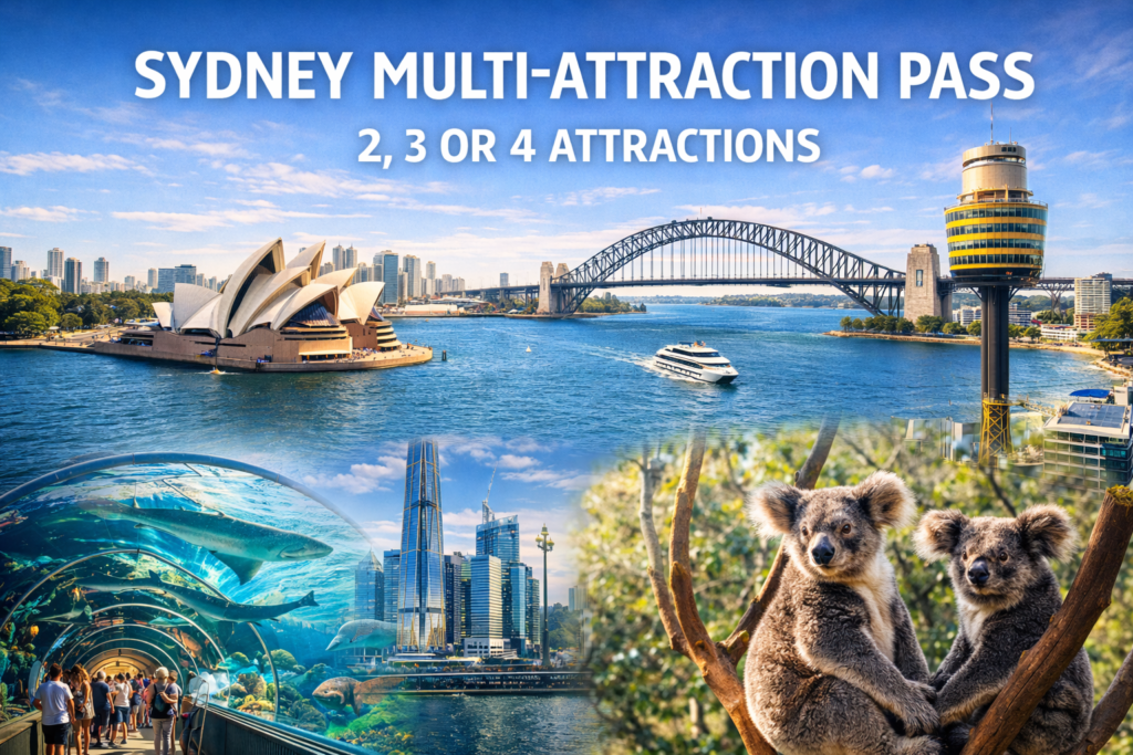 Sydney Multi Attraction Pass featuring Opera House Harbour Bridge Sydney Tower SEA LIFE Aquarium and koalas in a bright panoramic city view