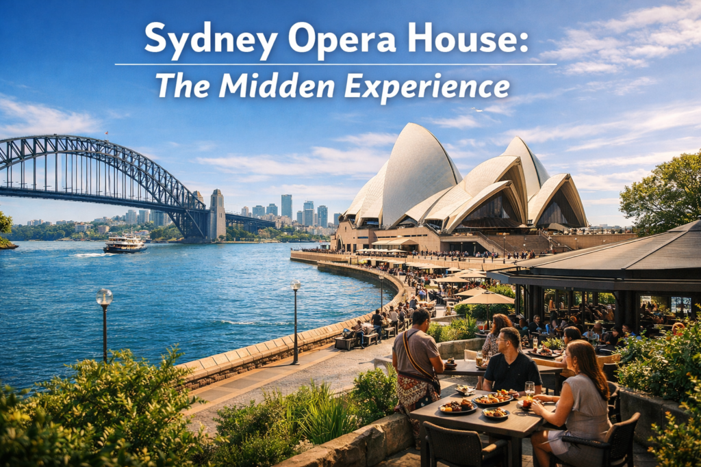 Sydney Opera House The Midden Experience overlooking Sydney Harbour with Indigenous dining, Opera House sails, Harbour Bridge, and waterfront atmosphere in bright daylight