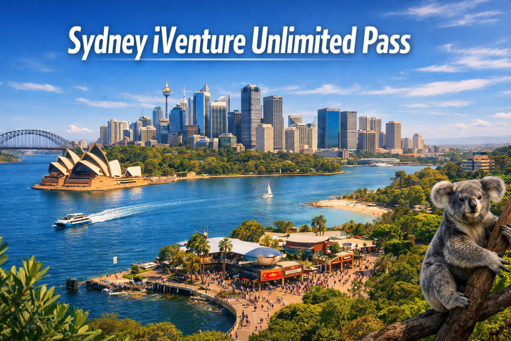 Sydney skyline featuring the Opera House, Harbour Bridge, and waterfront attractions under bright daylight promoting the Sydney iVenture Unlimited Pass with access to 25 plus attractions for up to three days