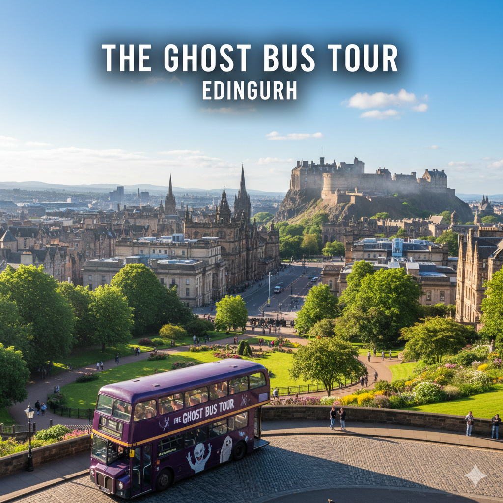 The Ghost Bus Tour Edinburgh traveling through the historic Old Town, featuring a vintage black bus, gothic architecture, and dramatic city streets in cinematic daylight.