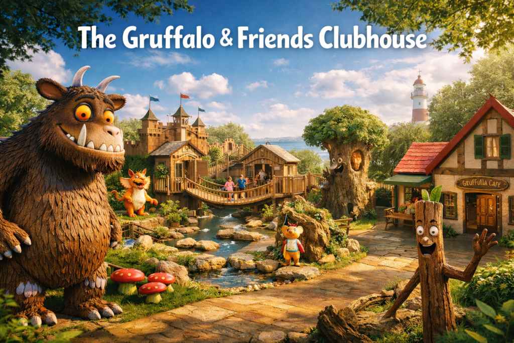 The Gruffalo & Friends Clubhouse immersive family attraction featuring The Gruffalo Stick Man and Zog characters surrounded by forest themed play areas wooden bridges greenery and storybook scenery in bright daylight