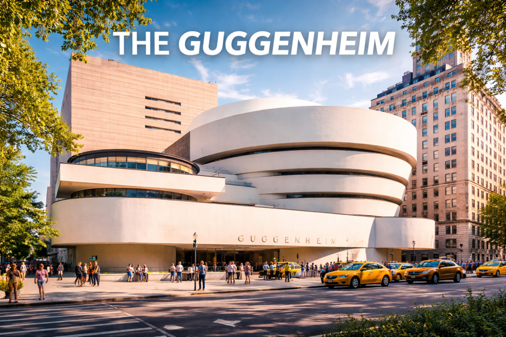 The Guggenheim Museum New York with iconic white spiral architecture on Fifth Avenue surrounded by trees pedestrians and yellow taxis in daylight