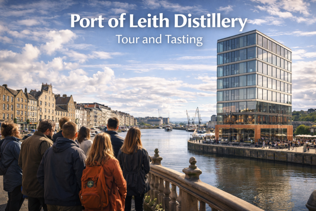 The Port of Leith Distillery in Edinburgh featuring its modern waterfront tower, whisky branding, and panoramic city and harbor views in bright daylight.