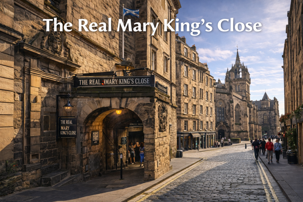 The Real Mary King’s Close in Edinburgh showing historic underground streets beneath the Royal Mile, captured in cinematic daylight for a guided entry ticket experience.