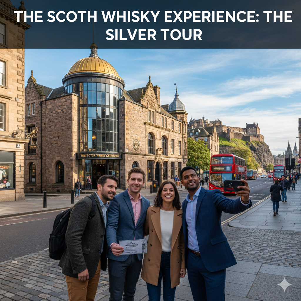 A cinematic interior view of The Scotch Whisky Experience in Edinburgh, showcasing the world-renowned whisky collection vault with thousands of backlit golden bottles and a professional tasting set.