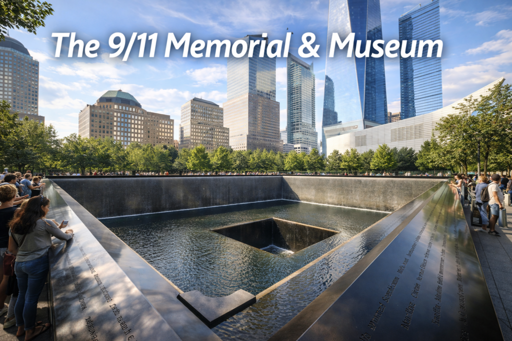 9/11 Memorial and Museum reflecting pool at Ground Zero with engraved names, cascading water, and One World Trade Center in the background.