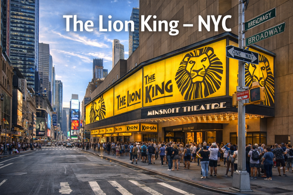 The Lion King Broadway musical at Minskoff Theatre in Times Square New York City with bright marquee and crowds in daylight