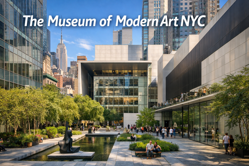 The Museum of Modern Art NYC exterior with the Abby Aldrich Rockefeller Sculpture Garden, modern architecture, greenery, and Midtown Manhattan skyline under bright daylight.