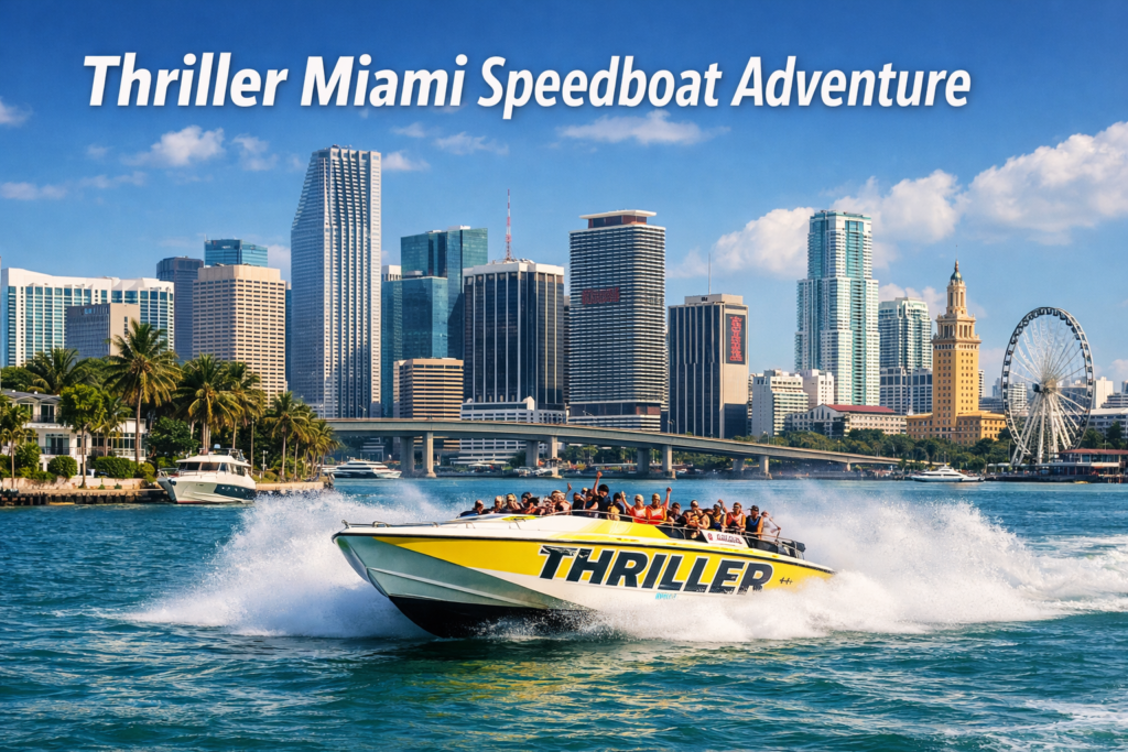 Thriller Miami Speedboat Adventure racing across Biscayne Bay with passengers enjoying a high speed ride, Miami skyline, Star Island mansions, and bright blue ocean under clear daylight.