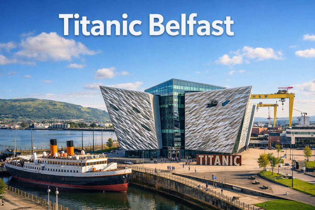 Titanic Belfast museum in Northern Ireland with iconic angular architecture, historic slipways, SS Nomadic ship, and Belfast Harbour under bright blue sky in cinematic daylight