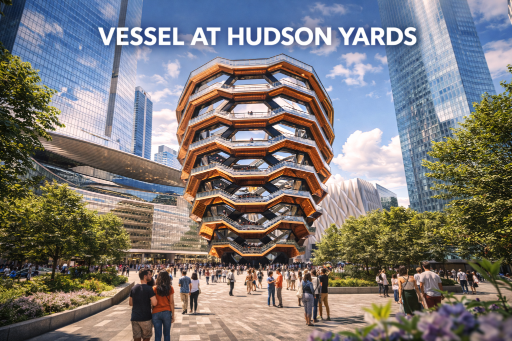 Vessel at Hudson Yards New York showcasing the iconic copper honeycomb structure surrounded by modern skyscrapers greenery and visitors exploring the plaza