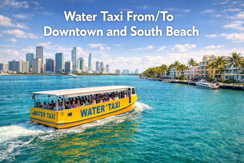 Miami Water Taxi traveling across Biscayne Bay between Downtown Miami and South Beach with city skyline, turquoise water, palm lined coast, and bright tropical daylight