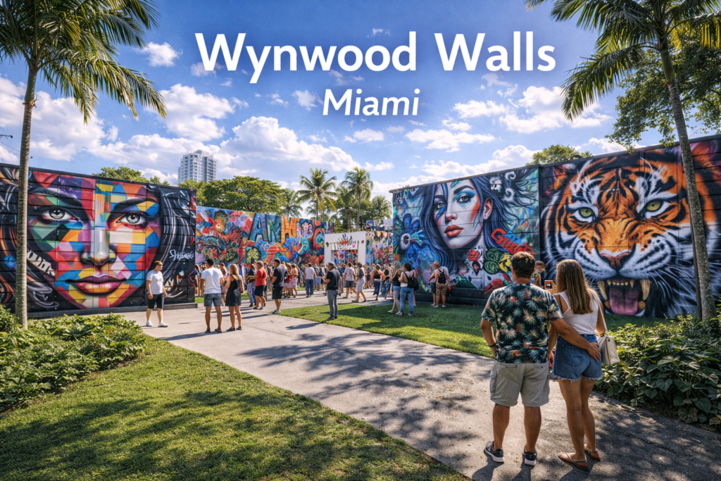 Wynwood Walls Miami featuring colorful large scale street art murals palm lined walkways urban galleries and visitors exploring the iconic outdoor art museum in bright daylight