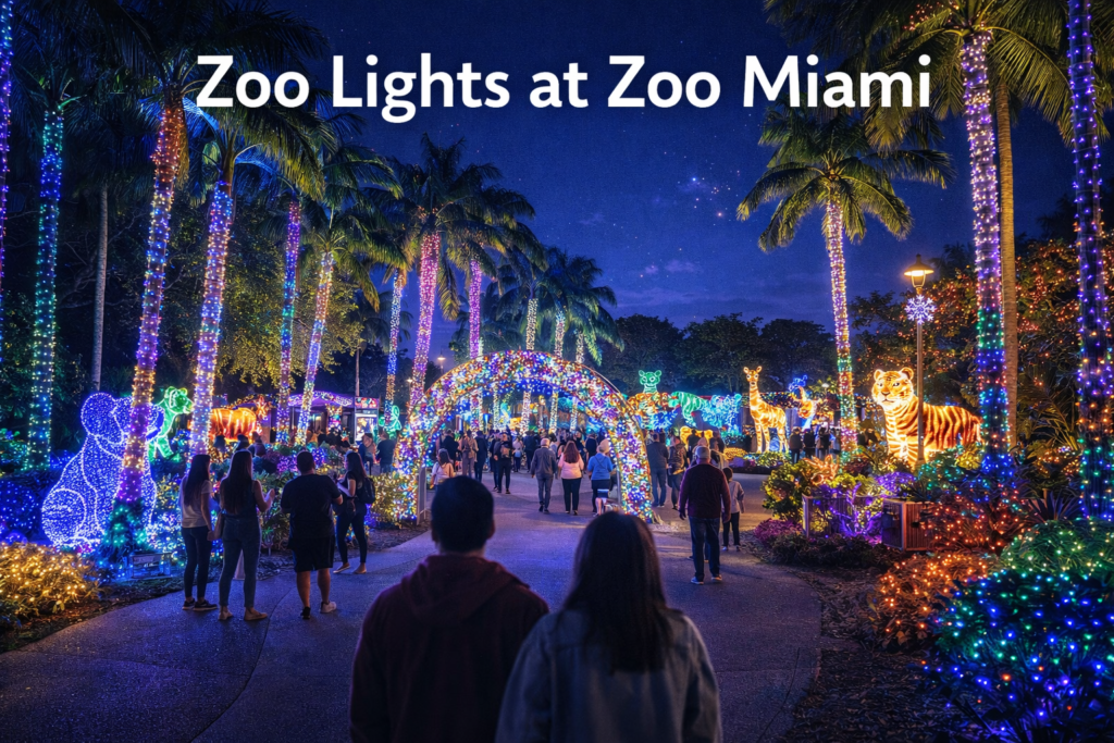 Zoo Lights at Zoo Miami featuring illuminated palm trees colorful holiday light tunnels glowing animal displays and visitors enjoying a festive nighttime walk