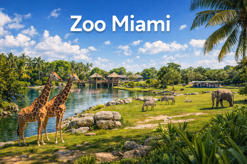Zoo Miami wildlife safari scene featuring giraffes elephants and flamingos in open range habitats with palm trees scenic walkways and bright tropical daylight