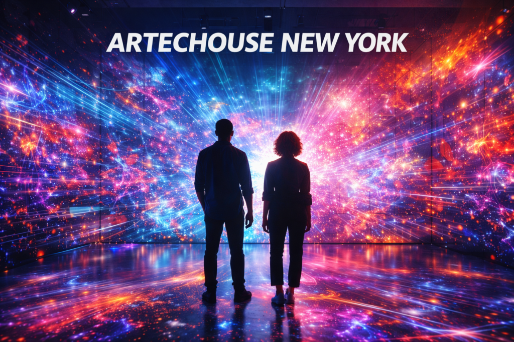 ARTECHOUSE New York immersive digital art installation with vibrant light projections and visitors experiencing interactive technology driven visuals