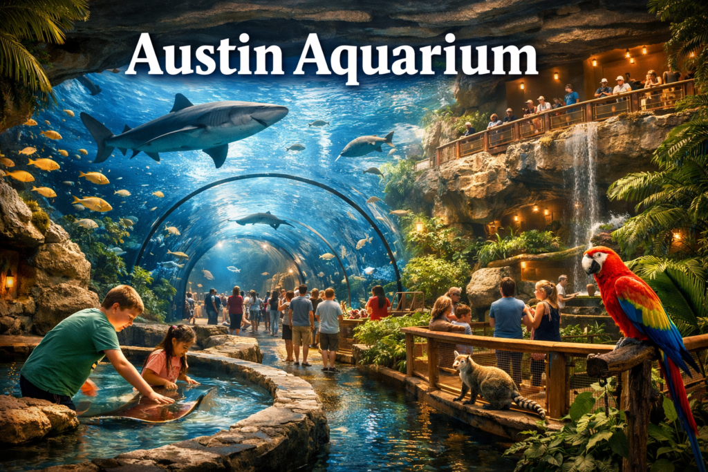Austin Aquarium immersive underwater tunnel with sharks tropical fish interactive touch pools and families enjoying close encounters with marine life in Austin Texas