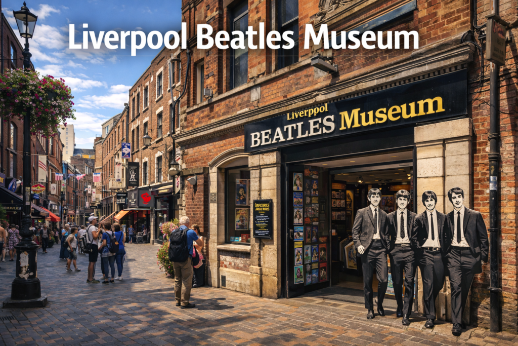 Liverpool Beatles Museum exterior at Royal Albert Dock featuring historic waterfront buildings, city skyline, and vibrant daylight scene celebrating The Beatles legacy