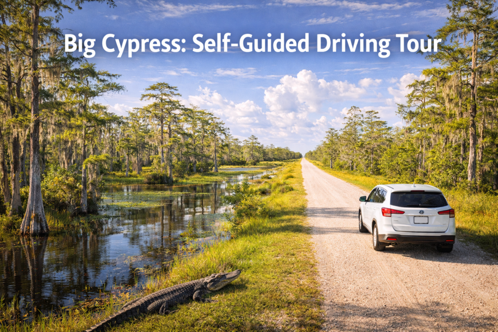 Big Cypress self guided driving tour with a scenic gravel road through cypress wetlands, Spanish moss trees, calm water reflections, and wildlife in bright daylight