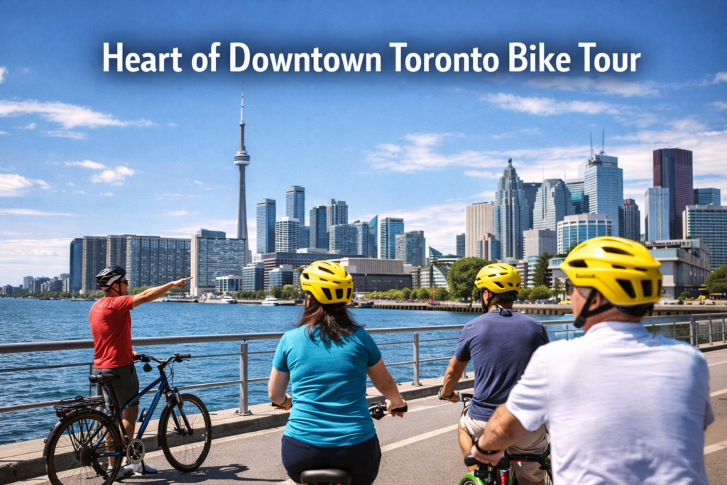 Heart of Downtown Toronto bike tour with guided cyclists riding along the waterfront, CN Tower and downtown Toronto skyline in bright daylight