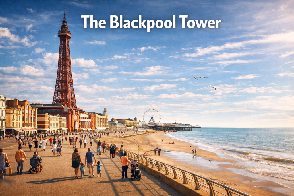The Blackpool Tower rising above the seaside promenade with bright daylight cinematic sky Victorian iron architecture coastal views and cityscape captured in a wide realistic landscape