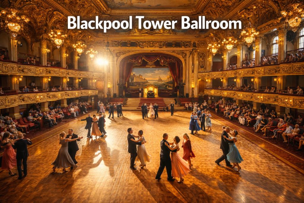 Blackpool Tower Ballroom interior with grand Victorian architecture ornate ceiling iconic sprung dance floor bright daylight cinematic wide angle view