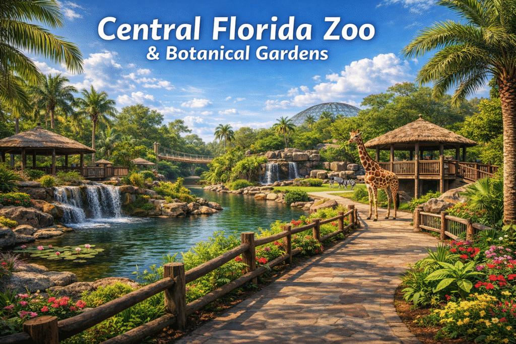 Beautiful panoramic view of Central Florida Zoo and Botanical Gardens in Florida, featuring lush greenery, scenic walkways, natural habitats, and a bright cinematic daytime atmosphere.